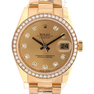 Rolex 31mm Datejust “Champagne Dial” 10pts Diamond index Diamond Bezel President bracelet Yellow Gold front