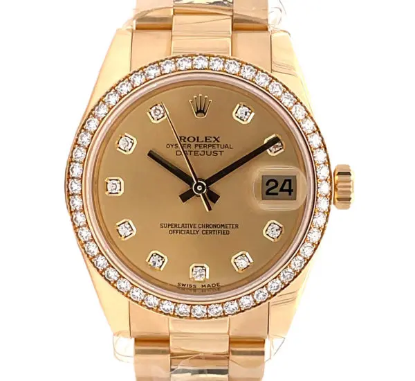 Rolex 31mm Datejust “Champagne Dial” 10pts Diamond index Diamond Bezel President bracelet Yellow Gold front