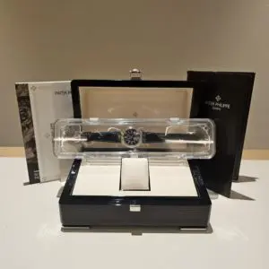 Patek Philippe 40mm Calatrava Blue “Carbon” Motif Date Sweep Seconds White Gold in box