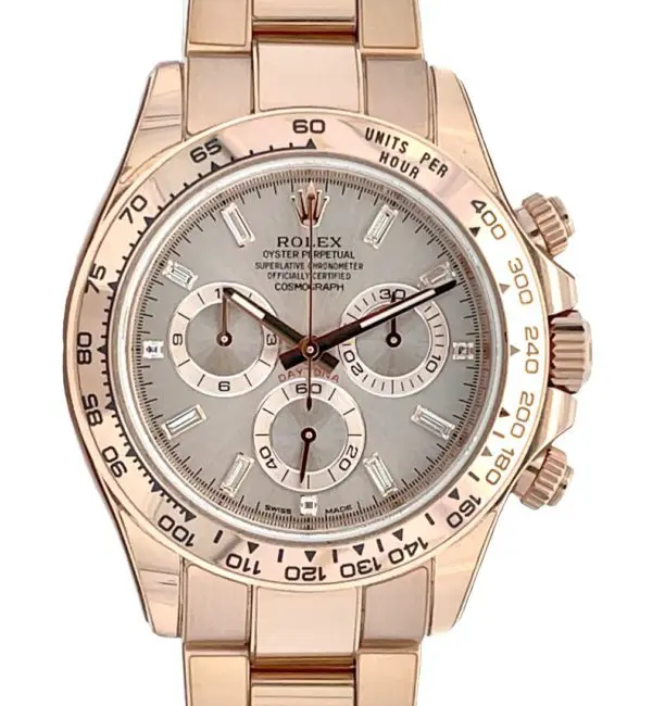 Rolex 40mm Daytona “Sundust Dial” with Baguette-Diamond Index Rose Gold front