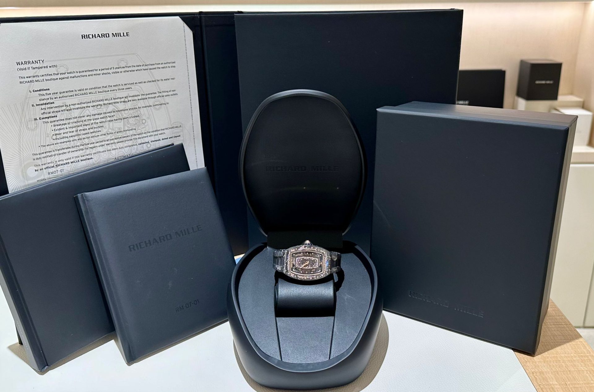 Richard Mille Ladies 45.66 x 31.4mm “Starry Night” Full Bracelet Carbon TPT Diamond Inlay Rose Gold in box