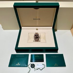 Rolex 40mm Day-Date Chocolate Dial Diamond Indexes with Diamond Bezel Rose Gold in box