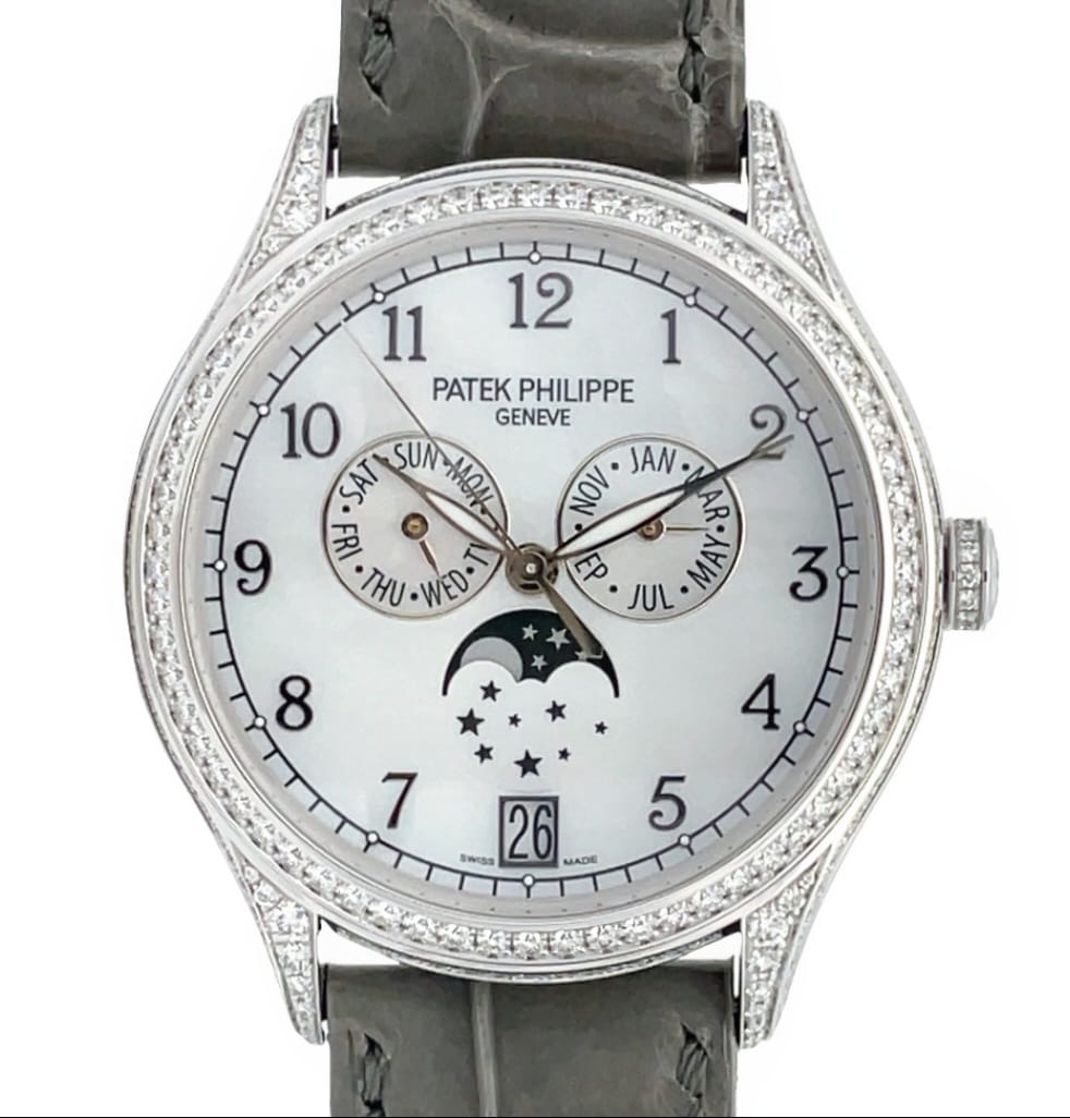 Patek Philippe 38mm Annual Calendar MoonPhases MOP Dial Paved Diamonds Bezel White Gold front