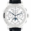 A. Lange & Söhne wristwatch with a white dial, blue hands, moon phase display at 6 o'clock, and multiple calendar subdials