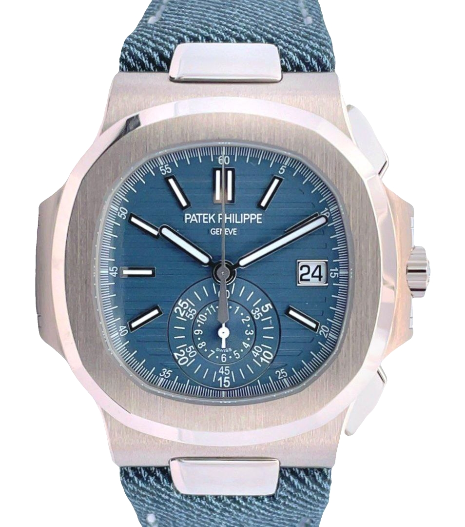 Patek Philippe 40.5mm Nautilus Flyback Chronograph Demin Strap White Gold