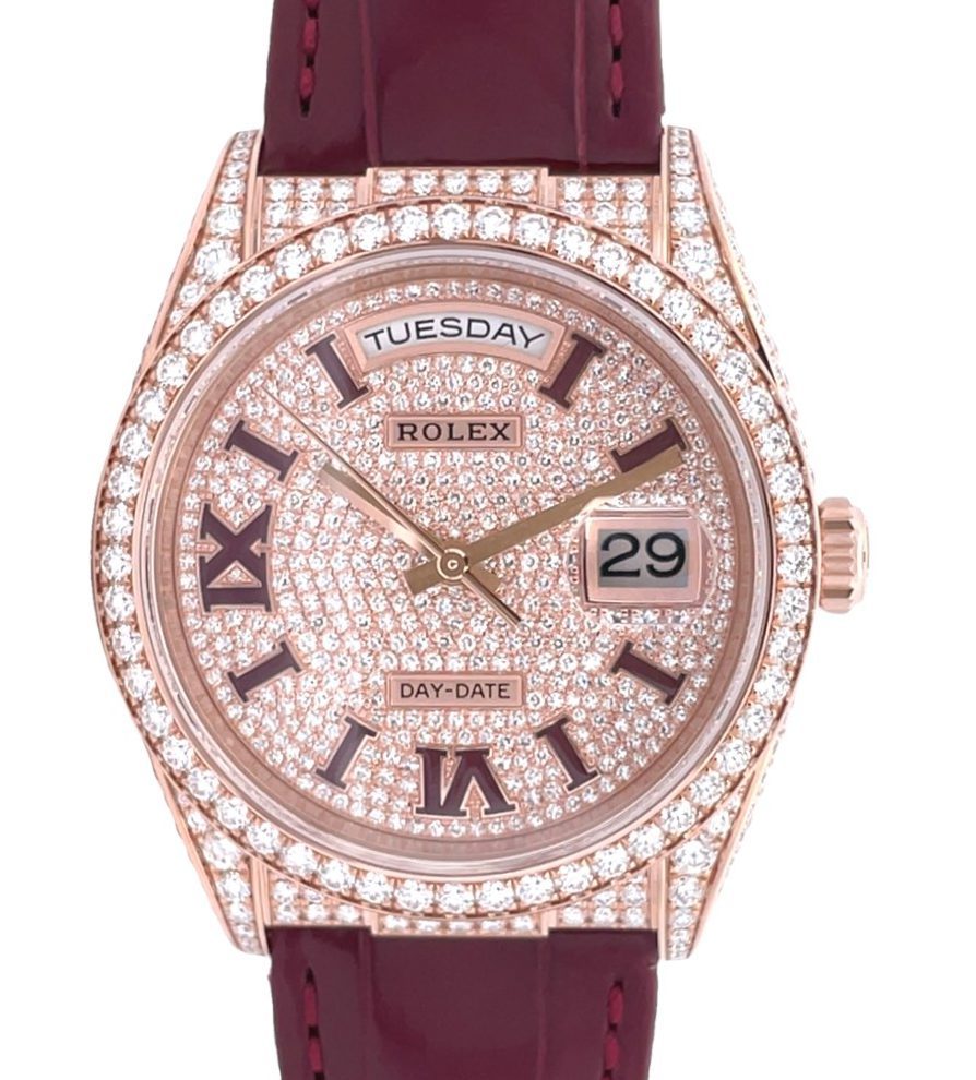 Rolex 36mm Day-Date Diamond Bezel Pave Diamond Roman Dial Rose Gold