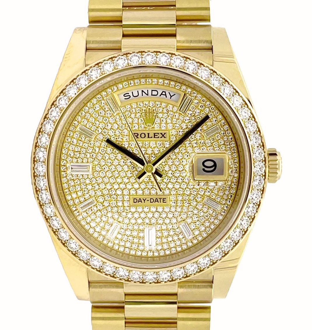 Rolex 40mm Day-Date Diamond Bezel Diamond-Paved Dial Yellow Gold