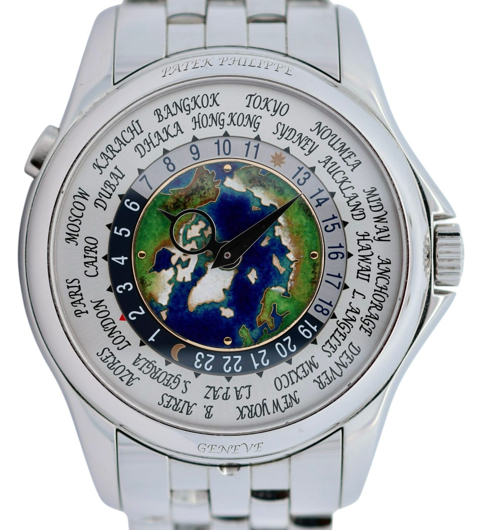 Patek Philippe World Time "North Pole Cloisonne" Enamel Dial Bracelet Platinum
