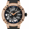 Rose-gold skeleton wristwatch with a diamond-paved bezel, exposed gears, and a black strap.