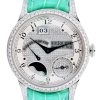 Close-up of a diamond-studded wristwatch with a green strap and a detailed dial showing F.P. Journe branding on the face.