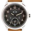 Close-up of a luxury watch face with day and date windows (Thu Sep) and a brown leather strap.