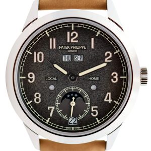 Close-up of a luxury watch face with day and date windows (Thu Sep) and a brown leather strap.