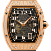 Richard Mille skeleton watch with rose-gold case encrusted with diamonds and a black strap, showing exposed inner gears.