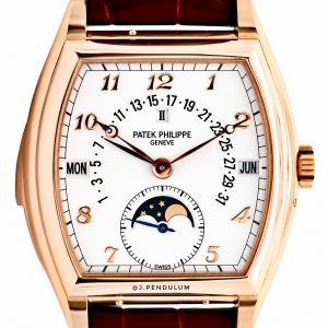 Rose gold Patek Philippe wristwatch with white dial showing day, date, month windows, and moon-phase subdial.