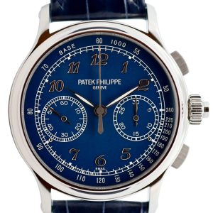 Close-up of a luxury Patek Philippe chronograph watch with a blue dial, two subdials, and a silver case on a dark strap