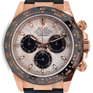 Rose gold Rolex Daytona watch with a black ceramic bezel, silver dial, three black subdials, and a black strap.