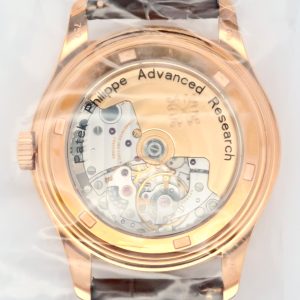 Rose-gold Patek Philippe Advanced Research watch with transparent back showing intricate movement pieces and leather strap visible at top and bottom.