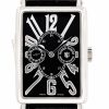 Rectangular silver watch with a black dial, oversized silver numerals, and a black leather strap.
