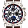 Luxury wristwatch with a silver case, white and blue dial, multiple subdials, and a brown leather strap (Roger Dubuis).