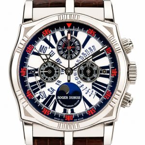 Luxury wristwatch with a silver case, white and blue dial, multiple subdials, and a brown leather strap (Roger Dubuis).