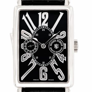 Rectangular silver watch with a black dial, oversized silver numerals, and a black leather strap.