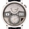 A. Lange & Söhne wristwatch with silver dial, large date windows showing 8 and 21, and a small seconds subdial at bottom.