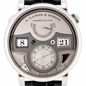 A. Lange & Söhne wristwatch with silver dial, large date windows showing 8 and 21, and a small seconds subdial at bottom.