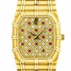 Gold-tone wristwatch with a diamond-and-ruby lattice-patterned dial and a matching gold bracelet