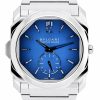 Bulgari wristwatch with a bright blue dial and polished silver metal bracelet.