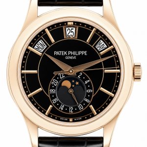 Rose gold Patek Philippe watch with black dial, black leather strap, date window at 12, and moon-phase subdial at 6 o'clock.