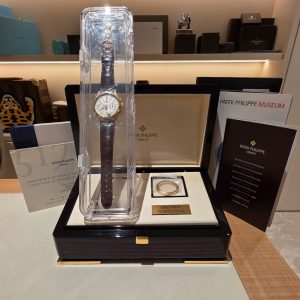 Gold-tone Patek Philippe watch displayed in a clear protective case, with certificates and catalogs in the background.