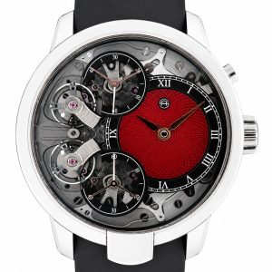 Skeleton wristwatch with a red textured dial, exposed gears, and black subdials showing time and mechanics.