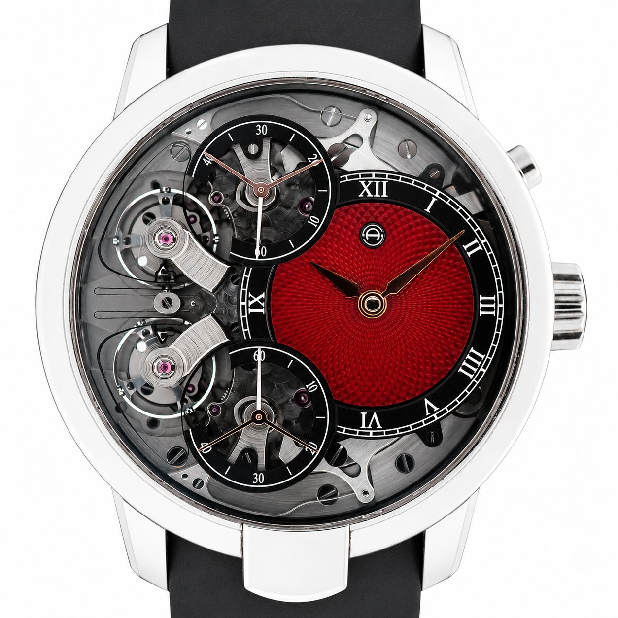 Skeleton wristwatch with a red textured dial, exposed gears, and black subdials showing time and mechanics.