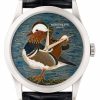 Patek Philippe wristwatch with a blue patterned dial featuring a brown-and-white duck illustration.