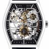Skeleton watch with visible gears inside a tonneau stainless case, black outer dial, and black leather strap; Swiss Made, luxury timepiece by Vacheron Constantin
