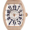 Franck Muller diamond-studded rose-gold watch with blue oversized numerals on a white guilloché dial and black leather strap