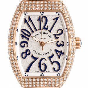 Franck Muller diamond-studded rose-gold watch with blue oversized numerals on a white guilloché dial and black leather strap