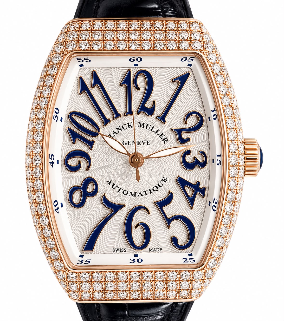 Franck Muller diamond-studded rose-gold watch with blue oversized numerals on a white guilloché dial and black leather strap