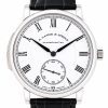 A. Lange & Söhne wristwatch with white dial, Roman numerals, blue hands, and a small seconds subdial at 6 o'clock with a black leather strap.