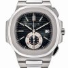 Patek Philippe stainless steel wristwatch with black striped dial, date window at 3 o'clock, and a central chronograph subdial in lighter color
