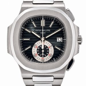 Patek Philippe stainless steel wristwatch with black striped dial, date window at 3 o'clock, and a central chronograph subdial in lighter color