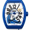 Blue-framed Vanguard watch with a white dial, large black numerals, rabbit illustration, and white strap.