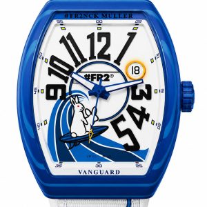 Blue-framed Vanguard watch with a white dial, large black numerals, rabbit illustration, and white strap.
