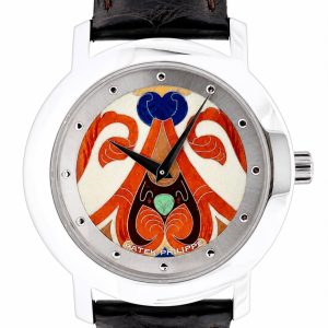 Patek Philippe wristwatch with a white case and black leather strap, featuring a colorful enamel dial in red, blue, and green abstract design.
