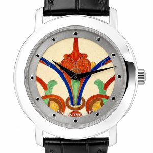 Wristwatch with a polished silver case, black leather strap, and a colorful abstract enamel dial with bold red, blue, and green patterns.