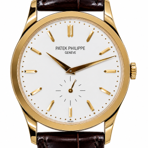 Gold-cased wristwatch with white dial, gold hour markers, and brown leather strap (Patek Philippe Genève).