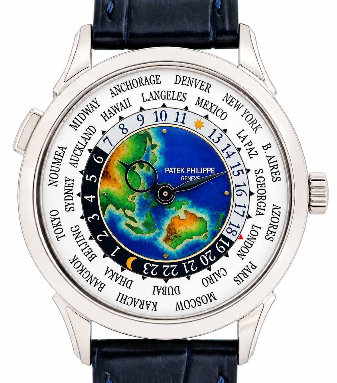 Patek Philippe world time watch with colorful globe dial and city names around the bezel, leather strap visible.