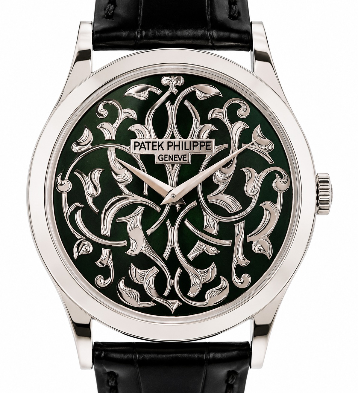Patek Philippe wristwatch with a green dial and intricate silver floral engravings, silver case, and black leather strap.