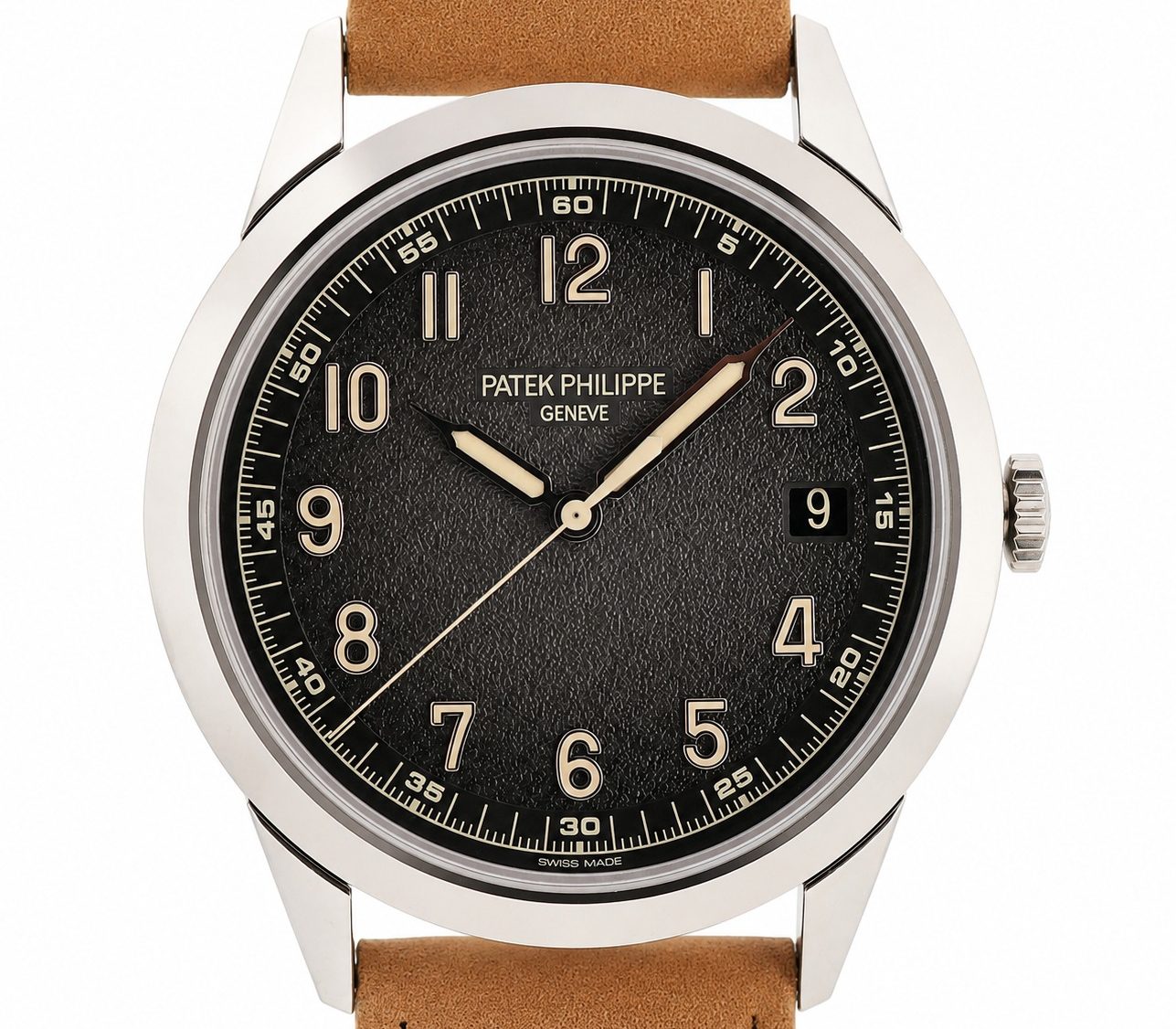 Patek Philippe wristwatch with a black textured dial, beige numerals, date window at 3 o'clock, and a tan leather strap.
