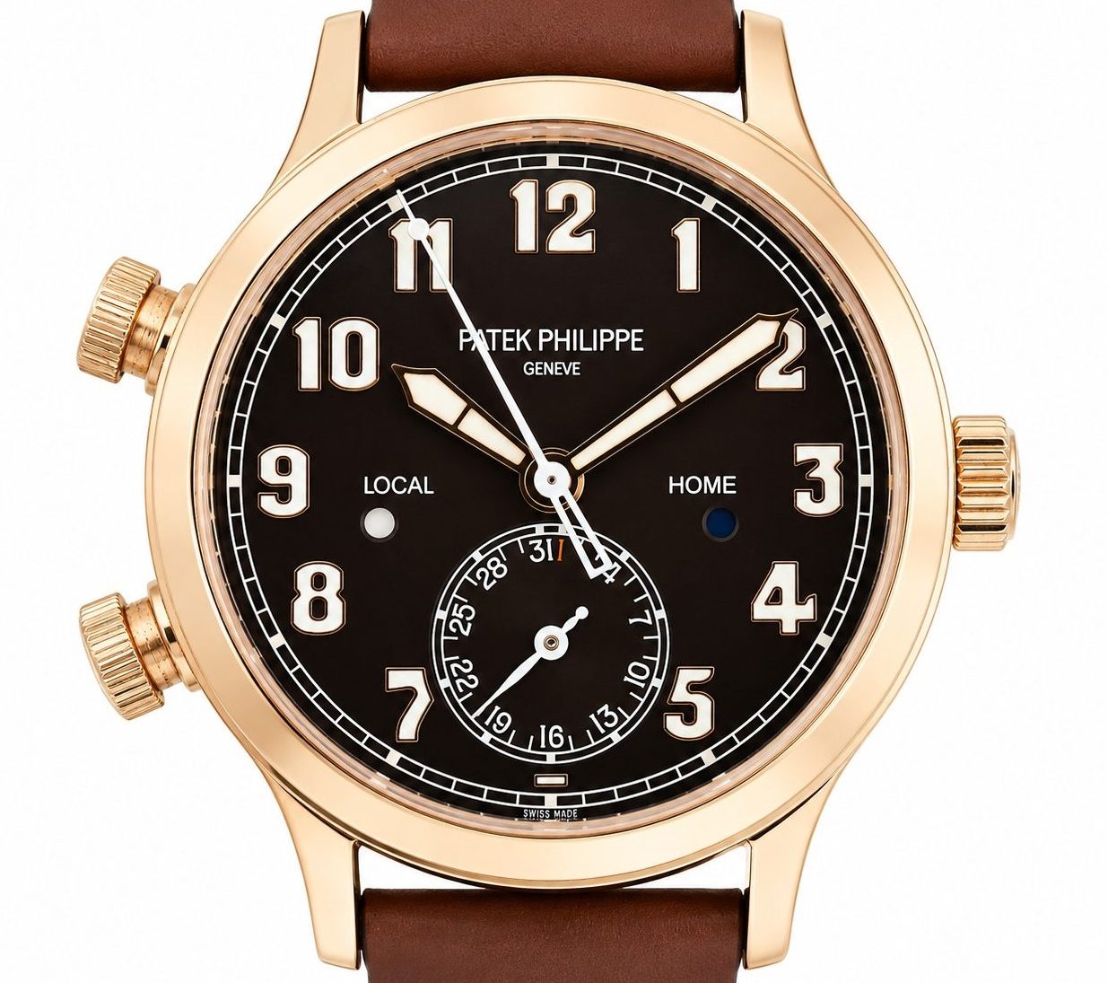 Rose gold Patek Philippe wristwatch with a black dial, cream numerals, brown leather strap, and a 6 o'clock subdial showing dates.